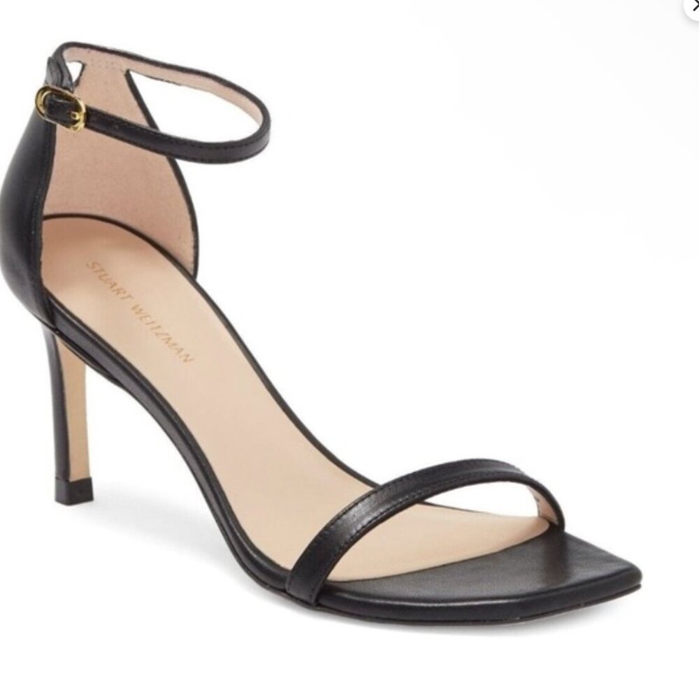 NWOT Stuart Weitzman Amelina Black.Leather Ankle Strap Sandals 8.5 MSRP $495